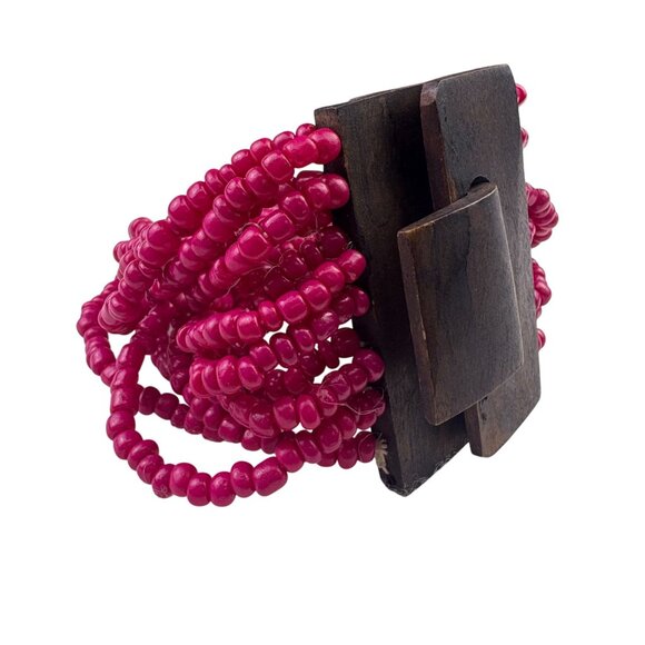 Unknown Jewelry - Beaded Multistrand Womens Bracelet Pink Glass Beads Wooden Clasp Handmade